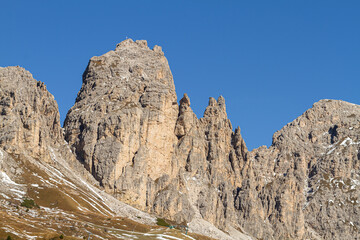 Fototapeta na wymiar Cirspitzen Dolomites mountain range in Val Gardena in Italy