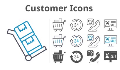 customer icons icon set included online shop, 24-hours, shopping cart, phone call, trolley icons