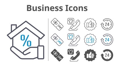 business icons icon set included 24-hours, mortgage, like, discount, phone call icons