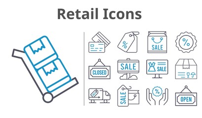 retail icons set. included shopping bag, online shop, sale, package, price tag, discount, closed, credit card, delivery truck, open, trolley icons. bicolor styles.