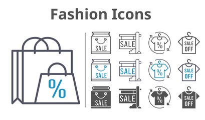 fashion icons icon set included shopping bag, sale, shirt icons