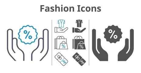 fashion icons icon set included shopping bag, discount, jacket icons