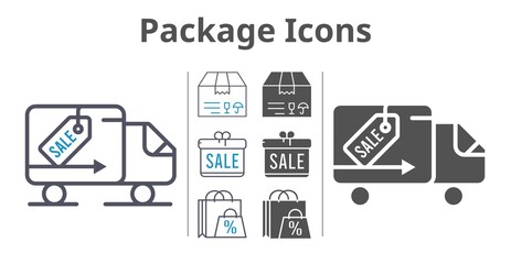 package icons icon set included gift, shopping bag, package, delivery truck icons