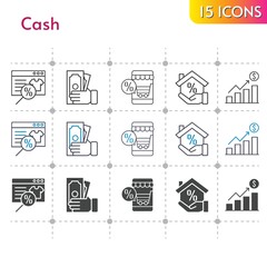 cash icon set. included online shop, profits, mortgage, money icons on white background. linear, bicolor, filled styles.