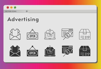 advertising icon set. included newsletter, online shop, package, open icons on white background. linear, filled styles.