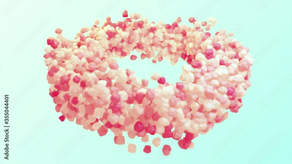 Poster sweet candy-like abstract pices swirle. loop rotating sugar chips b-roll.
