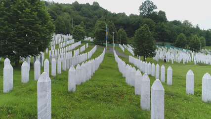 Fototapeta na wymiar Srebrenica, Bosnia-Herzegovina, June 01 2020: Srebrenica-Potocari memorial and cemetery for the victims of the 1995 massacre, wide angle