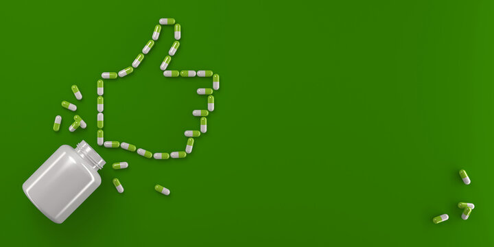 A symbolic thumbs-up sign made with capsule pills and a white jar on a green background. Effective tablets, vitamins, supplements. Satisfaction with the results of treatment. High quality. 3D render.