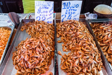 Shrimp Being Sold in Traditional, Touristic and Famous Traditional Food Market Ver-O-Peso Market in Belém, Capital of Pará State, Brazil - obrazy, fototapety, plakaty