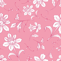 Seamless floral vector pattern with pink flowers and branches for decoration, print, textile, fabric prints, postcards, apparel, stationery goods	
