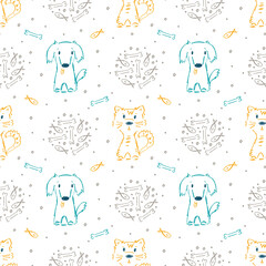Cute Dogs and Cats and Pet Food Seamless pattern. Hand drawn Doodle Cartoon Animals Background for Kids. Funny Puppy and Kitten. Pet Shop background. Vector Pets Sketch
