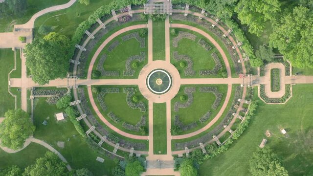 Aerial: Rose Garden Fountain in Jacob L. Loose Park. Kansas City, Missouri, USA
