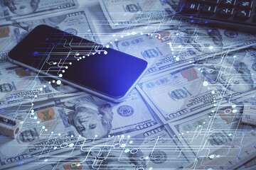 Double exposure of data theme drawing over us dollars bill background. Technology concept.