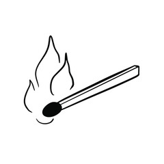 Burning match, hand drawn doodle, simple line drawing sketch illustration, design element. Vector illustration on white background. For cards, posters, decor, t shirt design, logo.