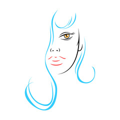 Half woman face with beautiful haircut. Recolorable shape isolated from background. Vector illustration is a graphic element for artistic design.