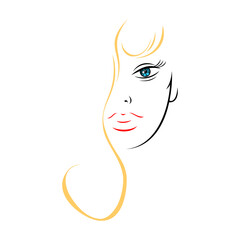 Half female face with long golden hair. Recolorable shape isolated from background. Vector illustration is a graphic element for artistic design.