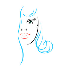 Half woman face with long hair. Recolorable shape isolated from background. Vector illustration is a graphic element for artistic design.