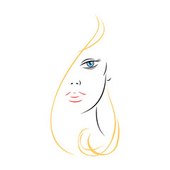 Half woman face with beautiful makeup. Recolorable shape isolated from background. Vector illustration is a graphic element for artistic design.