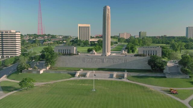 Aerial: National WWI Museum & memorial park at sunrise. Missouri, USA