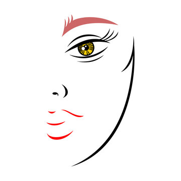 Half woman face with beautiful makeup. Recolorable shape isolated from background. Vector illustration is a graphic element for artistic design.