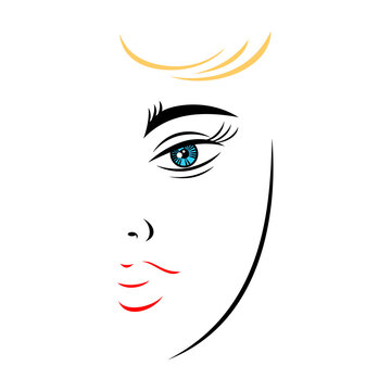 Half woman face with unusual eyes. Recolorable shape isolated from background. Vector illustration is a graphic element for artistic design.