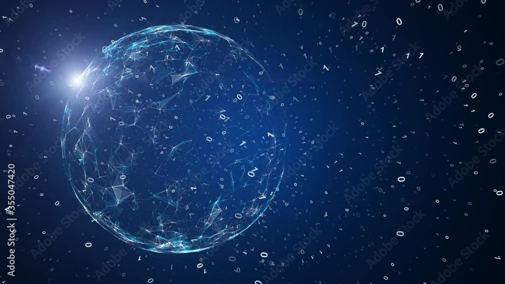Aufkleber futuristic network globe with lines, dots, binary numbers and sunlight motion, view from space.
