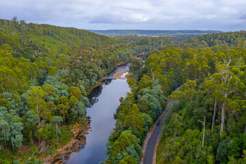Aerial view of Arthur river at Tarkine forest in Tasmania, Australia