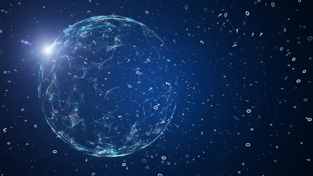 Futuristic network globe with lines, dots, binary numbers and sunlight motion, view from space. 