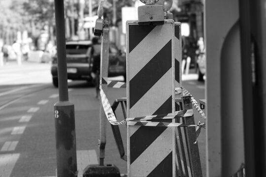 treffic fence with ribbon corona covid-19 virus lock down