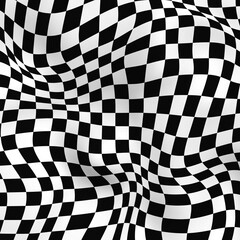 Abstract checkered black and white curved background. Space warp distort abstraction
