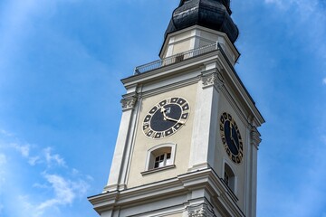 Old town hall amid the sky, Poland. Architecture of the ancient city