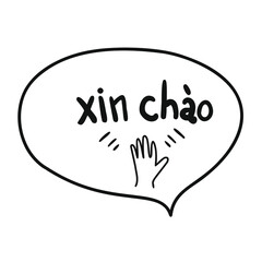 Vietnamese language word means hi. Waving hand sticker element says hello, good day. Vector illustration isolated on white background. Sticker elements with word in cloud nice print for any design.