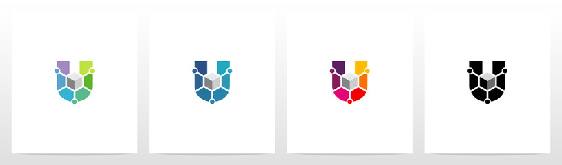 Cube With Nodes On Letter Logo Design U © recehan