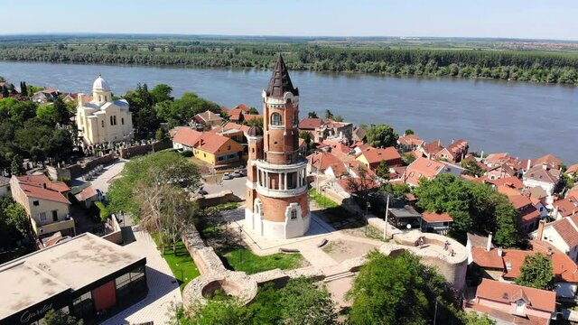 Aerial view of Gardos tower and Danube river in Zemun, city of Belgrade, Serbia