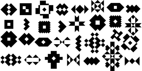 Ethnic icons collection. Signs, crests set. Tribal shapes. Folk figures. Geometric forms kit. Geometrical symbols. Elements for design, social media stories, blogs, brand identity. Vectors bundle.