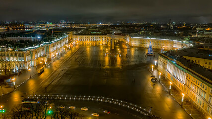 Fototapeta na wymiar Aerial view of Palace Square with Christmas tree in the middle, St Petersburg, Russia