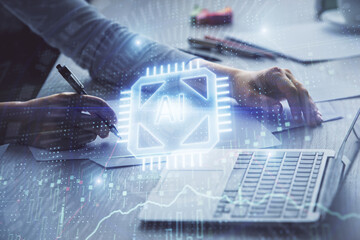 Multi exposure of woman hands working on computer and data theme hologram drawing. Tech concept.