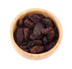 Raisins in wooden bowl. Raisins isolated on white background