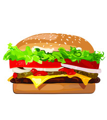 Vector Realistic Hamburger Classic Burger American Cheeseburger with Lettuce Tomato Onion Cheese Beef and Sauce Close up isolated on white Background. Fast Food in cartoon style.