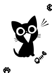 Vector cartoon happy black cat sitting and saying meow meow.