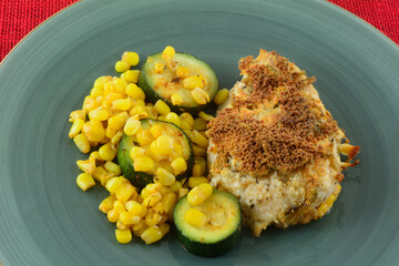Dinner of chicken breast with crunchy baked cheese topping with medley of zucchini and corn