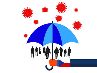 Business people vector flat illustration during Coronavirus Covid-19. Coronavirus infection control. Immune system protectio, support. 
government protection with umbrella