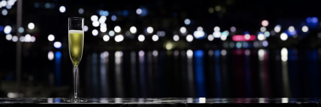 A glass of sparkling wine placed on a marble table over a night view. 3D rendering.