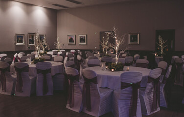 Tables set up for an evening wedding or party