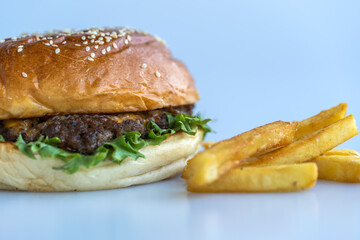 Freshly homemade homemade burgerand french fries on white table.