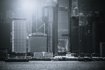 Hong Kong Victoria Harbour view; Hong Kong Cityscape; Black and White Style