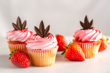 Strawberry flavoured pink cannabis infused cupcakes with chocolate cannabis leaf edible. CBD and THC muffins for patients who don't smoke medical marijuana. Valentines, birthday or mothers day party.