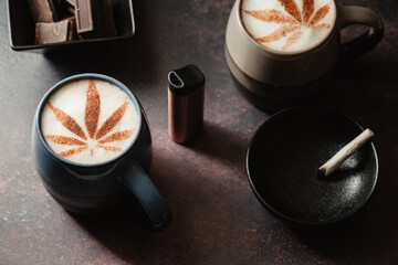 CBD Cannabis coffee with vape and joint. chill out vibes with CBD beverages, edibles and cannabis smoking. Made with indica sativa hybrid.
