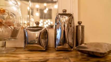 Vintage beige color bathroom with a chrome sanitary in a famous hotel in Havana, Cuba.