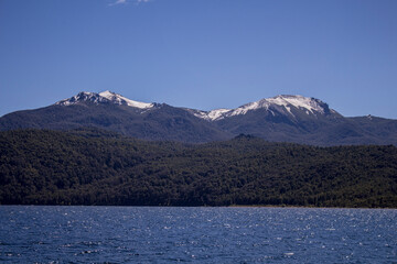snow covered mountains and lake